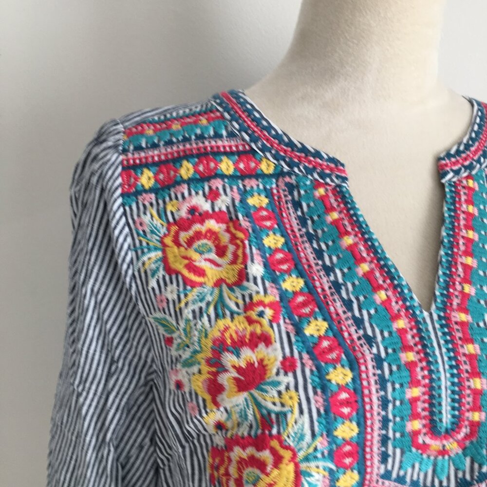 SAVANNAH JANE Striped Multicolor Floral Embroidery 3/4 Sleeve Shirt - Picture 6 of 10